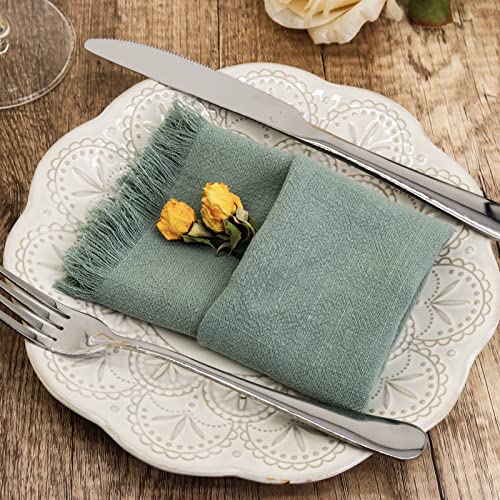 Dololoo Handmade Cloth Napkins Cotton Linen with Fringe, 18 x 18 Inches Summer Cooling Lightweight Napkin Set of 4 Versatile Square Rustic Fringe Napkins for Dinner, Wedding and Parties, Sage