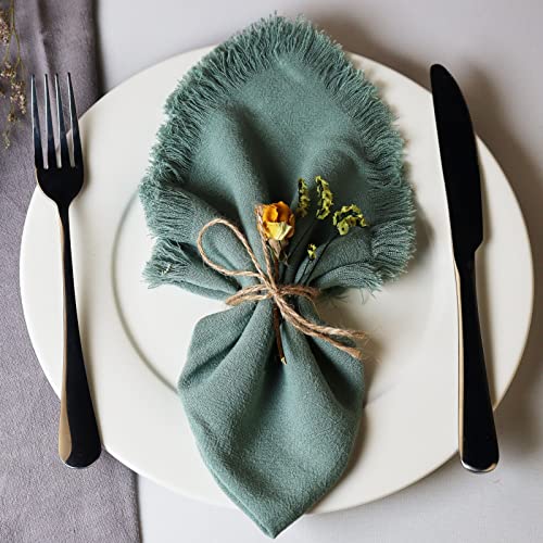 Dololoo Handmade Cloth Napkins Cotton Linen with Fringe, 18 x 18 Inches Summer Cooling Lightweight Napkin Set of 4 Versatile Square Rustic Fringe Napkins for Dinner, Wedding and Parties, Sage