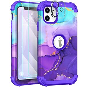 zhogtneg for iphone 11 6.1 inch case with 2pcs tempered screen protector+1pcs len camara protector, heavy duty shockproof full-body protective sturdy hybrid marble case for women,girls,kids