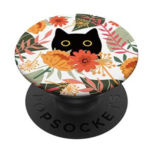 funny black cat hiding in spring flowers floral sage green popsockets swappable popgrip