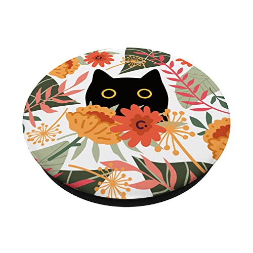 Funny Black Cat Hiding In Spring Flowers Floral Sage Green PopSockets Swappable PopGrip