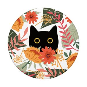 Funny Black Cat Hiding In Spring Flowers Floral Sage Green PopSockets Swappable PopGrip