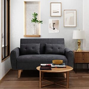 shintenchi small modern loveseat couch sofa, mid century fabric upholstered 2-seat sofa couch love seats furniture for small space,living room,studio,apartment with 2 pillows,black