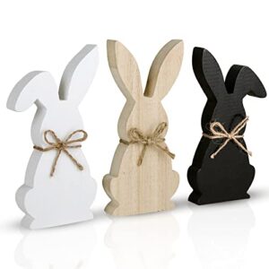 treory easter decorations for the home, 3 pcs easter bunny wooden table centerpiece signs easter decor rustic tiered tray decor farmhouse decor for easter gifts, black, white, natural wood color