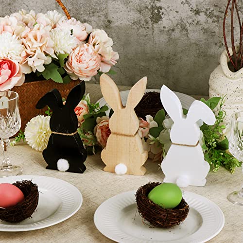 Treory Easter Decorations for The Home, 3 pcs Easter Bunny Wooden Table Centerpiece Signs Easter Decor Rustic Tiered Tray Decor Farmhouse Decor for Easter Gifts, Black, White, Natural Wood Color