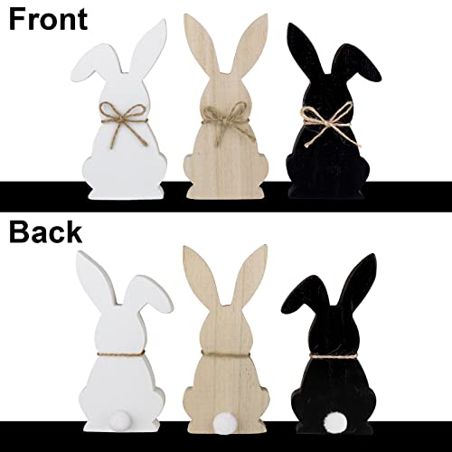 Treory Easter Decorations for The Home, 3 pcs Easter Bunny Wooden Table Centerpiece Signs Easter Decor Rustic Tiered Tray Decor Farmhouse Decor for Easter Gifts, Black, White, Natural Wood Color