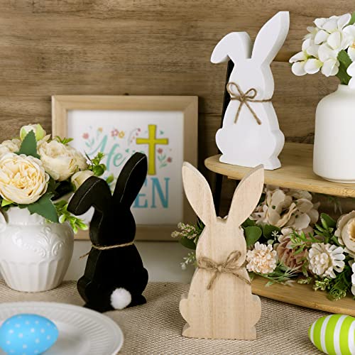 Treory Easter Decorations for The Home, 3 pcs Easter Bunny Wooden Table Centerpiece Signs Easter Decor Rustic Tiered Tray Decor Farmhouse Decor for Easter Gifts, Black, White, Natural Wood Color