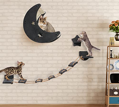 Cat Wall Shelves, Cat Hammock Cat Wall Furniture with 1 Step and 1 Climbing Bridge Step, Cat Climbing Shelf and Perches for Wall, Cat Wall Shelf Modern Beds and Perches for Activity Indoor…