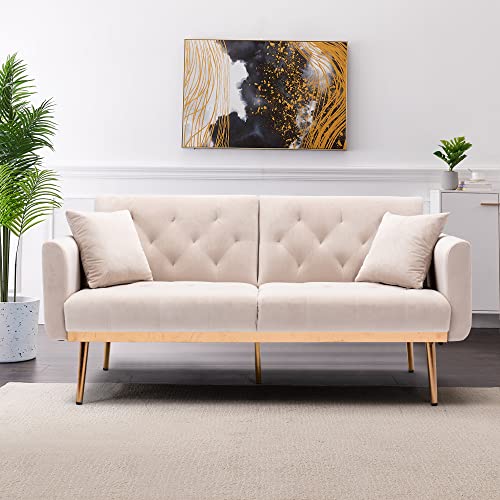 Woanke, Mid Century Velvet Fabric, Modern Folding, Convertible Futon Bed, Recliner Couch Accent Loveseat Sofa with Rose Gold Metal Feet, Beige