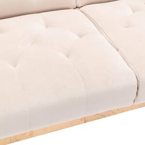 Woanke, Mid Century Velvet Fabric, Modern Folding, Convertible Futon Bed, Recliner Couch Accent Loveseat Sofa with Rose Gold Metal Feet, Beige