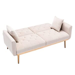 Woanke, Mid Century Velvet Fabric, Modern Folding, Convertible Futon Bed, Recliner Couch Accent Loveseat Sofa with Rose Gold Metal Feet, Beige