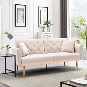 Woanke, Mid Century Velvet Fabric, Modern Folding, Convertible Futon Bed, Recliner Couch Accent Loveseat Sofa with Rose Gold Metal Feet, Beige