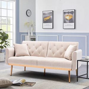 Woanke, Mid Century Velvet Fabric, Modern Folding, Convertible Futon Bed, Recliner Couch Accent Loveseat Sofa with Rose Gold Metal Feet, Beige