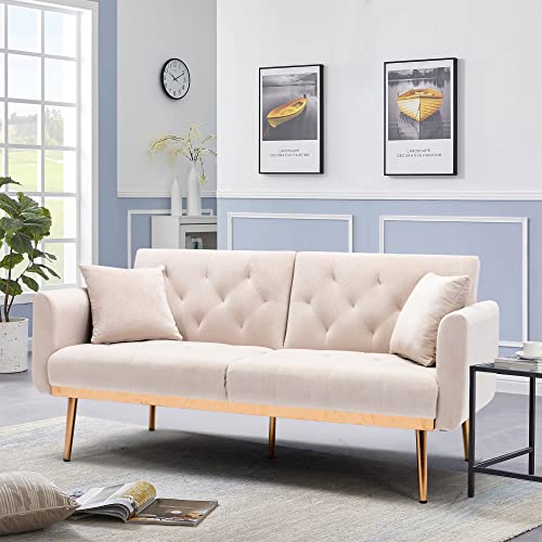 Woanke, Mid Century Velvet Fabric, Modern Folding, Convertible Futon Bed, Recliner Couch Accent Loveseat Sofa with Rose Gold Metal Feet, Beige