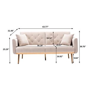 Woanke, Mid Century Velvet Fabric, Modern Folding, Convertible Futon Bed, Recliner Couch Accent Loveseat Sofa with Rose Gold Metal Feet, Beige