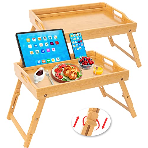 Greenual 2 Pack Bed Tray Table with Handles Folding Legs, Bamboo Breakfast Food Tray with Media Slot, Use As Platter, Laptop Desk, Snack, TV Tray Kitchen Serving Tray