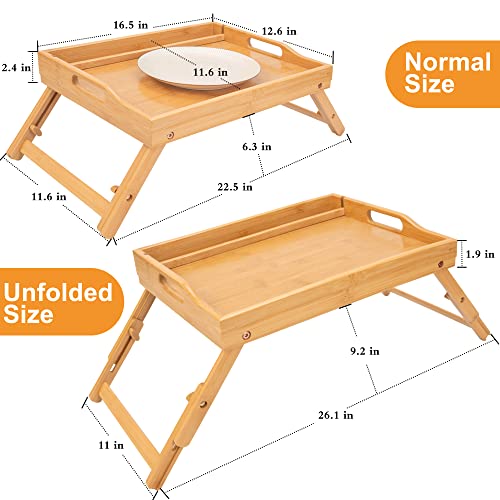 Greenual 2 Pack Bed Tray Table with Handles Folding Legs, Bamboo Breakfast Food Tray with Media Slot, Use As Platter, Laptop Desk, Snack, TV Tray Kitchen Serving Tray