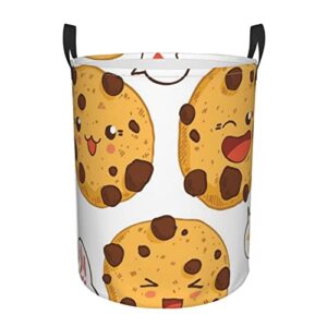 3 chocolate chip cookies with different expressions round laundry basket foldable storage bin with handle dirty clothes hamper for bedroom for home,office,dorm