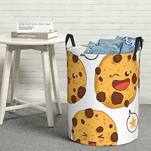 3 Chocolate Chip Cookies With Different Expressions Round Laundry Basket Foldable Storage Bin With Handle Dirty Clothes Hamper For Bedroom For Home,Office,Dorm