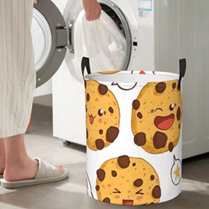 3 Chocolate Chip Cookies With Different Expressions Round Laundry Basket Foldable Storage Bin With Handle Dirty Clothes Hamper For Bedroom For Home,Office,Dorm