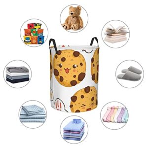 3 Chocolate Chip Cookies With Different Expressions Round Laundry Basket Foldable Storage Bin With Handle Dirty Clothes Hamper For Bedroom For Home,Office,Dorm