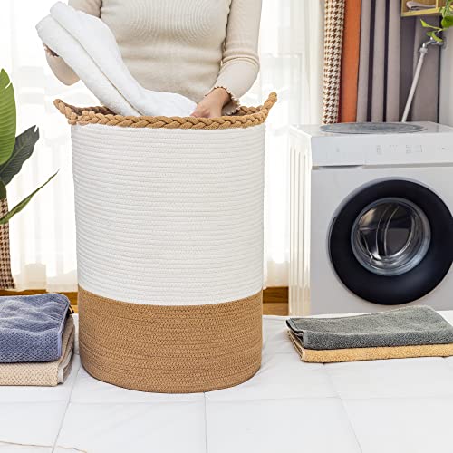 Homlikelan 72L Woven Laundry Basket,Tall Wicker Laundry Basket for Blankets,Clothes,Pillows,Toys,Shoes Large Cotton Laundry Hamper for Bedroom Living Room Bathroom Nursery White Brown