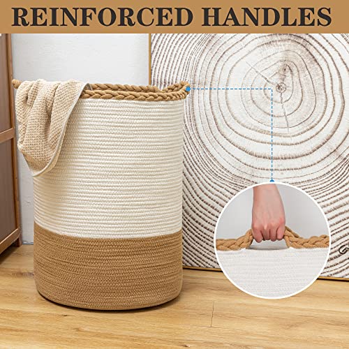 Homlikelan 72L Woven Laundry Basket,Tall Wicker Laundry Basket for Blankets,Clothes,Pillows,Toys,Shoes Large Cotton Laundry Hamper for Bedroom Living Room Bathroom Nursery White Brown