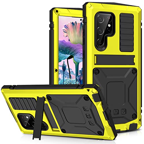 Compatible with Samsung Galaxy S23 Ultra Case Metal with Screen Protector Kickstand Heavy Duty Full Body Military Grade Aluminum Rugged Hard Case for Galaxy S23 Ultra (Yellow, S23 Ultra)