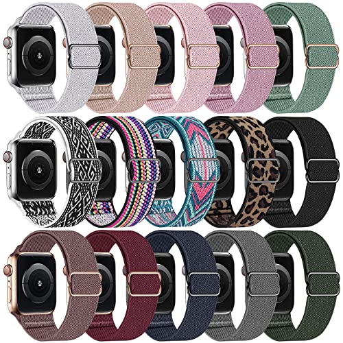 Swhatty 15 Pack Stretchy Nylon Solo Loop Bands Compatible with Apple Watch 41mm 40mm 38mm, Adjustable Braided Sport Elastics Women Men Strap for iWatch SE Series 9 8 7 6 5 4 3 2 1, A