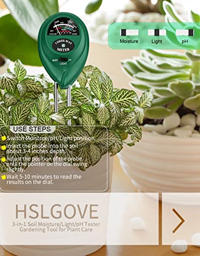 Soil Moisture Meter, HSLGOVE 3 in 1 Soil Ph Meter/Sunlihgt/Plant Moisture Meter for House Plants & Outdoor Gardening, Farming Plants Care(No Battery Required)