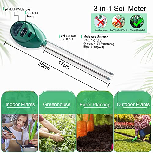 Soil Moisture Meter, HSLGOVE 3 in 1 Soil Ph Meter/Sunlihgt/Plant Moisture Meter for House Plants & Outdoor Gardening, Farming Plants Care(No Battery Required)