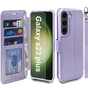 vanavagy wallet case for galaxy s23+ plus 5g for women and men,rfid flip leather cover with wrist supports wireless charging with card holder and screen protector,clove purple