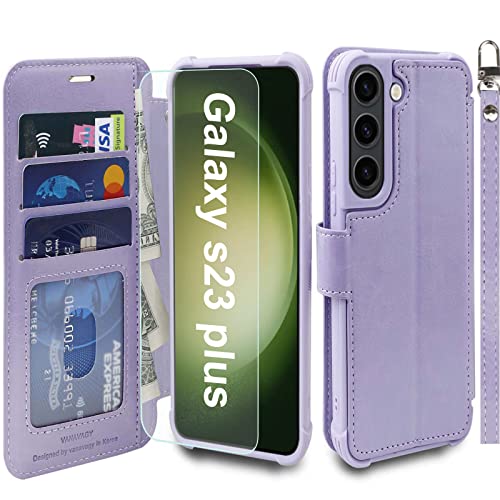 VANAVAGY Wallet Case for Galaxy S23+ Plus 5G for Women and Men,RFID Flip Leather Cover with Wrist Supports Wireless Charging with Card Holder and Screen Protector,Clove Purple