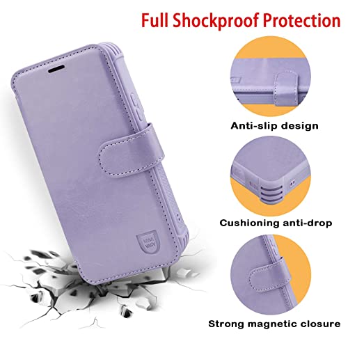 VANAVAGY Wallet Case for Galaxy S23+ Plus 5G for Women and Men,RFID Flip Leather Cover with Wrist Supports Wireless Charging with Card Holder and Screen Protector,Clove Purple