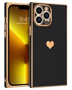 bentoben square iphone 13 pro max case, cute heart luxury plated full camera lens protection, reinforced corner tpu cushion shockproof edge bumper women men phone cover for 13 pro max 6.7", black/gold