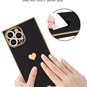 BENTOBEN Square iPhone 13 Pro Max Case, Cute Heart Luxury Plated Full Camera Lens Protection, Reinforced Corner TPU Cushion Shockproof Edge Bumper Women Men Phone Cover for 13 Pro Max 6.7", Black/Gold