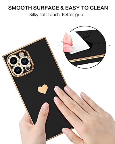 BENTOBEN Square iPhone 13 Pro Max Case, Cute Heart Luxury Plated Full Camera Lens Protection, Reinforced Corner TPU Cushion Shockproof Edge Bumper Women Men Phone Cover for 13 Pro Max 6.7", Black/Gold