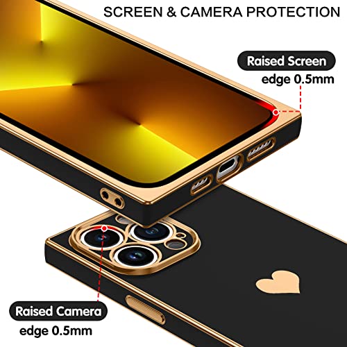 BENTOBEN Square iPhone 13 Pro Max Case, Cute Heart Luxury Plated Full Camera Lens Protection, Reinforced Corner TPU Cushion Shockproof Edge Bumper Women Men Phone Cover for 13 Pro Max 6.7", Black/Gold