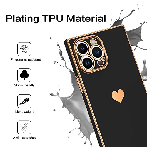BENTOBEN Square iPhone 13 Pro Max Case, Cute Heart Luxury Plated Full Camera Lens Protection, Reinforced Corner TPU Cushion Shockproof Edge Bumper Women Men Phone Cover for 13 Pro Max 6.7", Black/Gold
