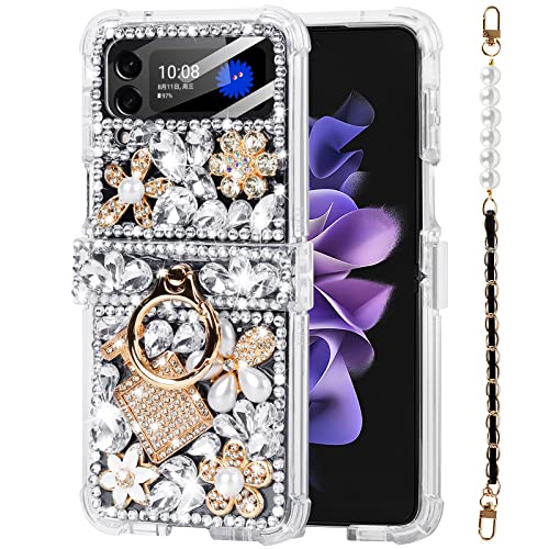 Leiju Case for Samsung Galaxy Z Flip 4 with Strap Case, 3D Handmade Sparkle Stunning Stones Crystal Diamond Bling Glitter Phone Case for Samsung Galaxy Z Flip 4 5G