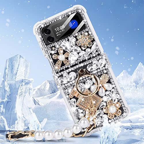 Leiju Case for Samsung Galaxy Z Flip 4 with Strap Case, 3D Handmade Sparkle Stunning Stones Crystal Diamond Bling Glitter Phone Case for Samsung Galaxy Z Flip 4 5G