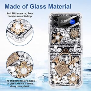 Leiju Case for Samsung Galaxy Z Flip 4 with Strap Case, 3D Handmade Sparkle Stunning Stones Crystal Diamond Bling Glitter Phone Case for Samsung Galaxy Z Flip 4 5G