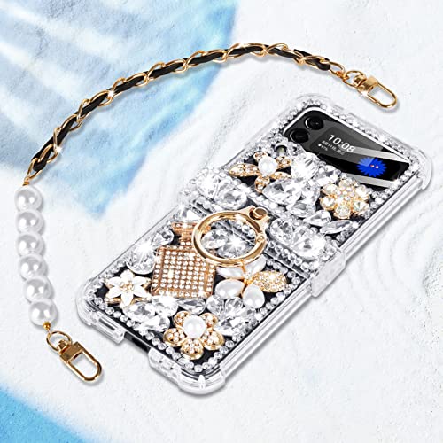 Leiju Case for Samsung Galaxy Z Flip 4 with Strap Case, 3D Handmade Sparkle Stunning Stones Crystal Diamond Bling Glitter Phone Case for Samsung Galaxy Z Flip 4 5G