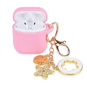 pink case cover with keychain for airpods,soft silicone protective earphone case cover compatible with apple airpods 1&2, airpods 1st/2rd generation case with cute bling keychain (pink)
