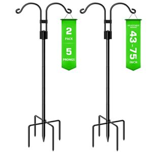 svopy 2pack double shepherds hooks for outdoor 76 inch bird feeder pole with 5 prongs base, adjustable heavy duty garden hook for hanging bird feeder,wedding decor,plant baskets