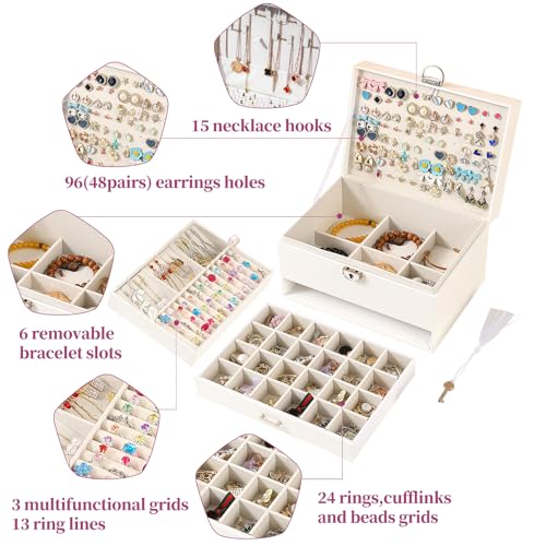 BOOVO Earring Jewelry Box For Women Girl Stud Organizer, 5 Layers Girl Jewelry Organizer Box With Lock Earring Holder Organizer Necklace Ring Jewelry Organizer Box For Girls (white)