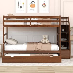 odc full over full bunk bed with trundle,solid wood stairway bunk bed with twin size trundle and 3 storage stairs, full length guardrail for guests room,bedroom
