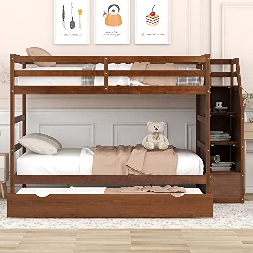 ODC Full Over Full Bunk Bed with Trundle,Solid Wood Stairway Bunk Bed with Twin Size Trundle and 3 Storage Stairs, Full Length Guardrail for Guests Room,Bedroom