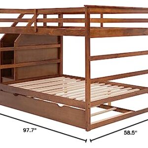 ODC Full Over Full Bunk Bed with Trundle,Solid Wood Stairway Bunk Bed with Twin Size Trundle and 3 Storage Stairs, Full Length Guardrail for Guests Room,Bedroom