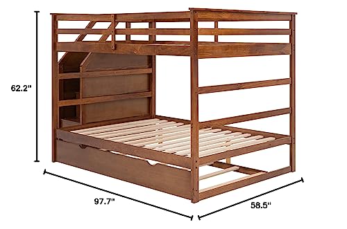 ODC Full Over Full Bunk Bed with Trundle,Solid Wood Stairway Bunk Bed with Twin Size Trundle and 3 Storage Stairs, Full Length Guardrail for Guests Room,Bedroom